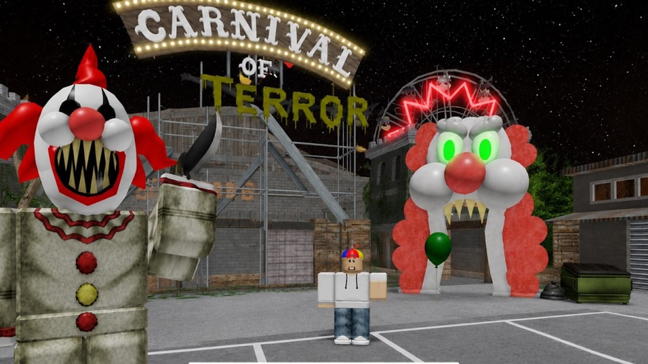 Gameplay from Escape The Carnival of Terror Obby showing a carnival parkour run