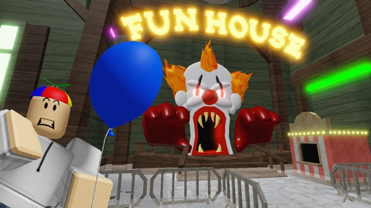 In-game carnival scene with traps, rides, and the evil clown threat